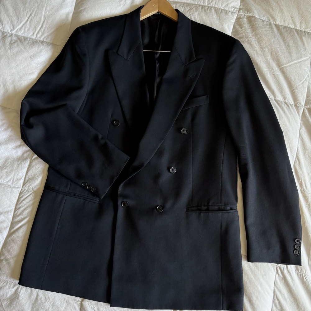 Italian Double Breasted Peak Super 100 Blazer Mens 46XL Black Money Boss Iconic